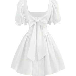 Girl's Summer Puff Sleeve Bow Back Party Graduation Dress A Line Flowy Fancy Dress