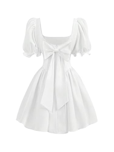 Girl's Summer Puff Sleeve Bow Back Party Graduation Dress A Line Flowy Fancy Dress