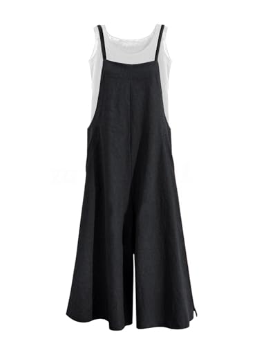 Women Casual Loose Long Bib Pants Wide Leg Jumpsuits Baggy Cotton Rompers Overalls with Pockets PZZTYP2