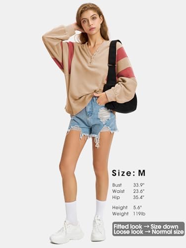 Women's Oversized V Neck Henley Shirt Patchwork 2024 Color Block Sweatshirt Long Sleeve Button Pullover Tunic Tops