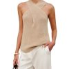 Women Halter Cross Over Collar Tank Knit Sleeveless Top Solid Color Casual Summer Blouse
