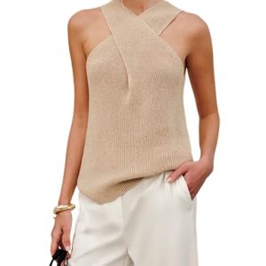 Women Halter Cross Over Collar Tank Knit Sleeveless Top Solid Color Casual Summer Blouse