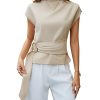 Women Buckle Tie Top Stand Collar Belted Short Sleeve Elegant Summer Casual Blouse