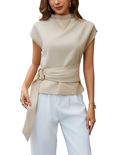 Women Buckle Tie Top Stand Collar Belted Short Sleeve Elegant Summer Casual Blouse
