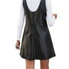 Women's PU Leather Scoop Neck Sleeveless Pinafore Overall Mini Dress