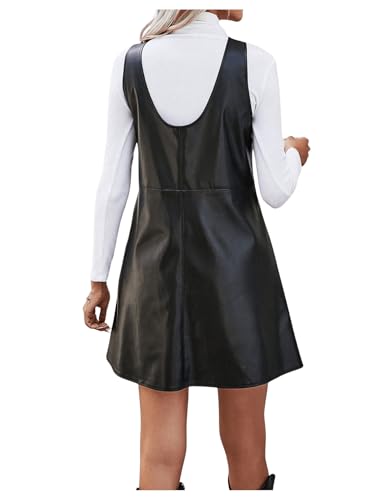 Women's PU Leather Scoop Neck Sleeveless Pinafore Overall Mini Dress