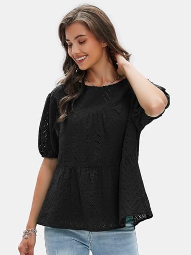 Women's Summer Tops Dressy Casual Short Lantern Sleeve Shirts Crew Neck Hollow Out Lace Embroidered Blouses Shirts