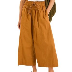 Women Casual Wide Leg Pants Summer Cotton High Rise Elastic Waist Cropped Capris Trousers with Pockets