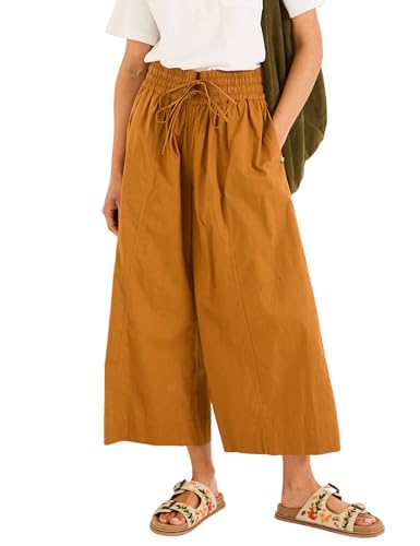 Women Casual Wide Leg Pants Summer Cotton High Rise Elastic Waist Cropped Capris Trousers with Pockets