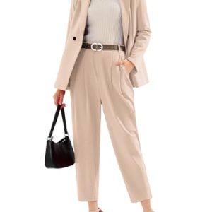 Women's Business Blazer and High Elastic Waist Pant Suit Set Loose Fit Casual Fall Winter 2 Piece Suits for Work