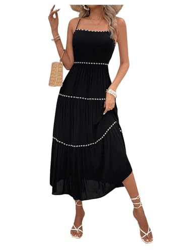 Women's Flowy Maxi Dress Tiered Ruffle Hem Spaghetti Strap Swing Long Cami Dress