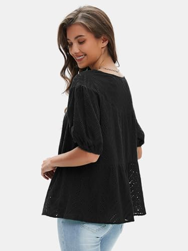 Women's Summer Tops Dressy Casual Short Lantern Sleeve Shirts Crew Neck Hollow Out Lace Embroidered Blouses Shirts