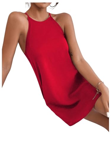 Women's Casual Sleeveless Halter Neck Flared A Line Tunic Cami Mini Dresses