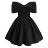 Women's Plus Size Off The Shoulder Bow Dress Ruched Fit and Flare Elegant Vintage Dress