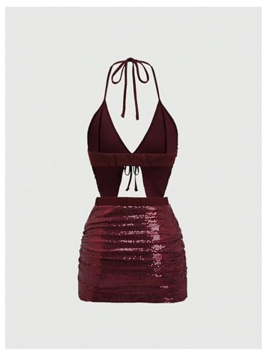 Women's Y2k 2 Piece Sexy Outfits Backless Halter Crop Top and Ruched Bodycon Mini Skirt Set