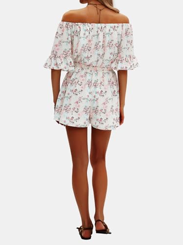 Women's Summer Floral Romper Dress Off Shoulder Ruffle Elastic Wasit Wide Leg Shorts Jumpsuit Vacation Beach 2025