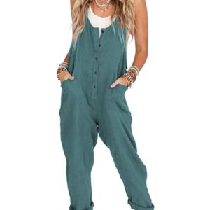 Womens Overalls Linen Cotton Jumpsuits Loose Casual Jumpers with Pockets