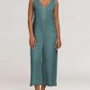 Women Button Down Jumpsuits Cotton Linen Sleeveless Casual Wide Legs Rompers Loose Overall with Pockets(Teal-XL)
