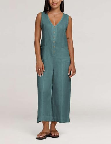 Women Button Down Jumpsuits Cotton Linen Sleeveless Casual Wide Legs Rompers Loose Overall with Pockets(Teal-XL)