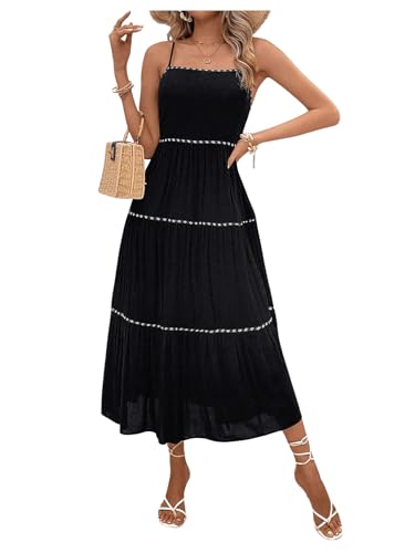 Women's Flowy Maxi Dress Tiered Ruffle Hem Spaghetti Strap Swing Long Cami Dress