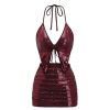 Women's Y2k 2 Piece Sexy Outfits Backless Halter Crop Top and Ruched Bodycon Mini Skirt Set