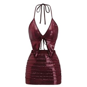 Women's Y2k 2 Piece Sexy Outfits Backless Halter Crop Top and Ruched Bodycon Mini Skirt Set
