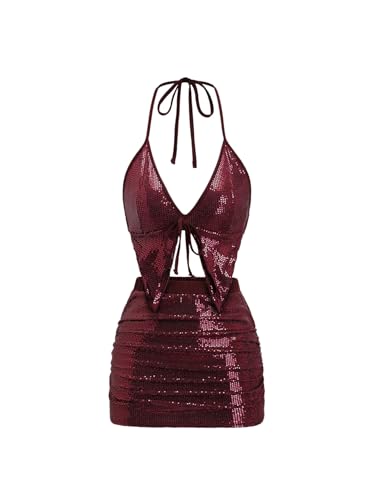 Women's Y2k 2 Piece Sexy Outfits Backless Halter Crop Top and Ruched Bodycon Mini Skirt Set