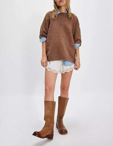 Women Sweater Tee Casual Crewneck Short Sleeve Pullover Top Ribbed Knit Loose Shirt