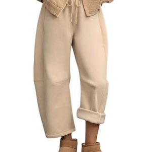 Womens Fleece Lined Sweatpants Barrel Leg High Waist Winter Joggers Cozy Home Travel Lounge Pants with Pockets