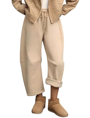 Womens Fleece Lined Sweatpants Barrel Leg High Waist Winter Joggers Cozy Home Travel Lounge Pants with Pockets