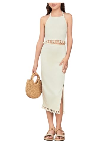 Girl's 2 Piece Summer Clothes Tassel Halter Crop Top and Slit Midi Skirt Set Vacation Outfits