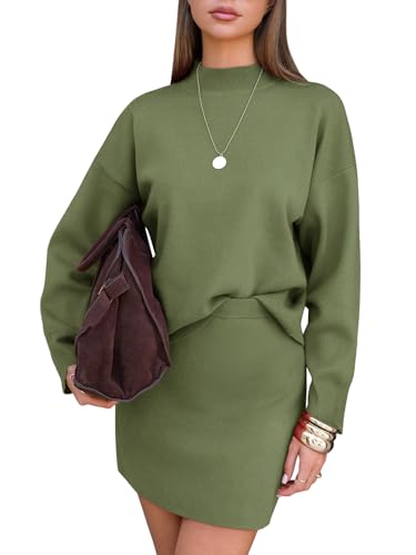 Women 2 Piece Sweater Skirt Sets Mock Neck Long Sleeve Knit Pullover Top Matching Mini Skirts Fall Winter Outfits 2025