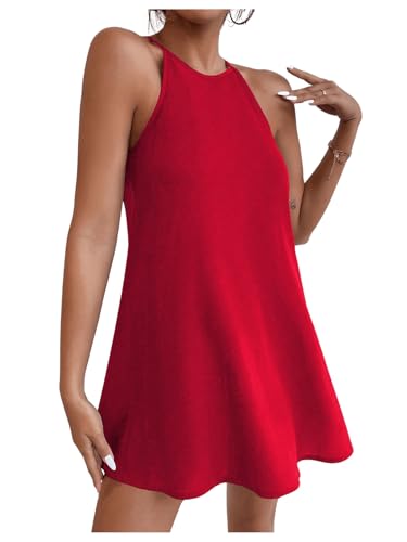 Women's Casual Sleeveless Halter Neck Flared A Line Tunic Cami Mini Dresses