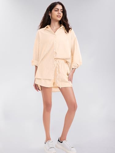 Women's Summer 2 Piece Sets Long Sleeve Button Down Shirts Matching Short Sets Beach Vacation Cruise Outfits 2025