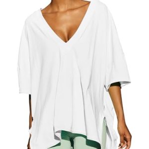 Women's Casual Oversized V Neck T-Shirts Tops Reversible Athletic Workout Crew Neck Fashion Trendy Tee