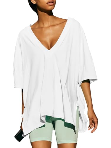 Women's Casual Oversized V Neck T-Shirts Tops Reversible Athletic Workout Crew Neck Fashion Trendy Tee