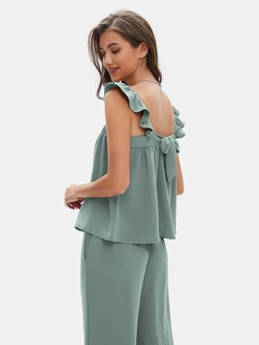 Womens Summer 2 Piece Sets Sleeveless Square Neck Tie-Back Cami Top Wide Leg Pants Matching Set