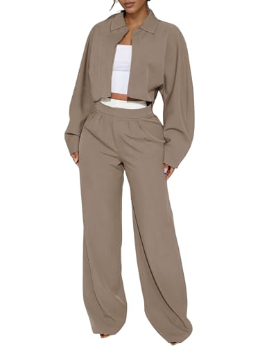Women Fall 2 Piece Outfits Long Sleeve Zip Up Crop Sweatshirts Jacket Wide Leg Pants Airport Travel Matching Sets 2025