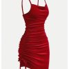 Girl's Velvet Cowl Neck Dress Drawstring Ruched Bodycon Spaghetti Strap Holiday Dress