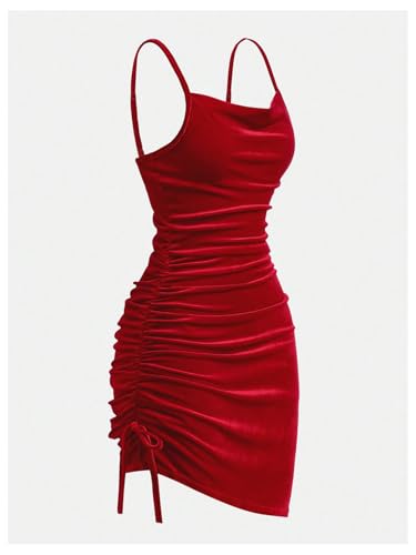Girl's Velvet Cowl Neck Dress Drawstring Ruched Bodycon Spaghetti Strap Holiday Dress