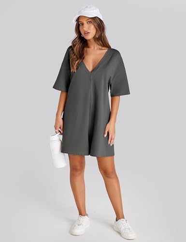 Rompers for Women Casual Short Sleeve Oversized Athletic Workout Reversible Hot Shot Tee Romper Deep Pockets