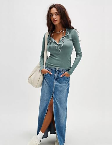 Womens Henley Tunic Shirts Long Sleeve Slim Fit Basics Ribbed Crewneck Button up Tops