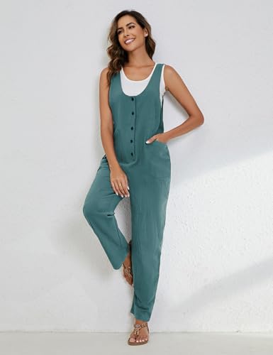 Womens Overalls Linen Cotton Jumpsuits Loose Casual Jumpers with Pockets