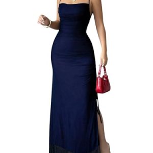 Women's Cowl Neck Mesh Maxi Dress Ruched High Slit Sexy Bodycon Cocktail Party Dress