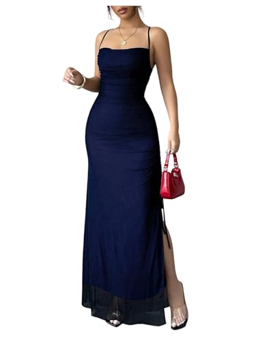 Women's Cowl Neck Mesh Maxi Dress Ruched High Slit Sexy Bodycon Cocktail Party Dress