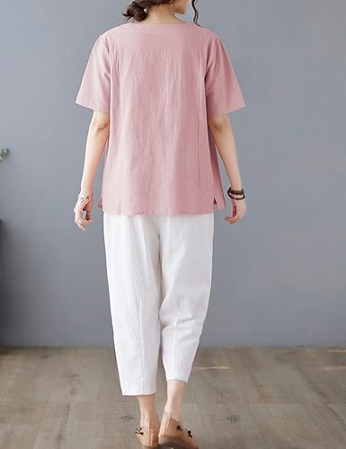 Women Cotton Blend Crew Neck Short Sleeve Basic Tunic Tee Shirts Tops Blouse