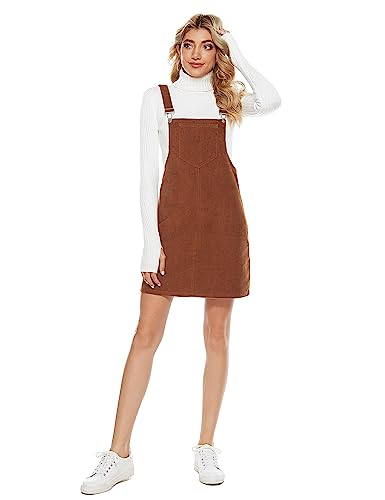 Womens Casual Corduroy Bib Knee Length Overalls Pinafore Midi Dress Jumpsuit（Brown-XS）