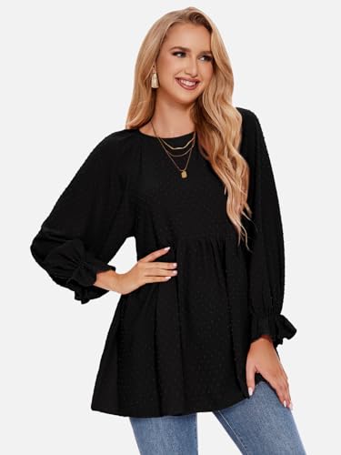 EXLURA Womens Fall Long Sleeve Loose Blouses Swiss Dot Babydoll Shirts Dressy Casual Peplum Tunic Tops Trendy Outfits 2025