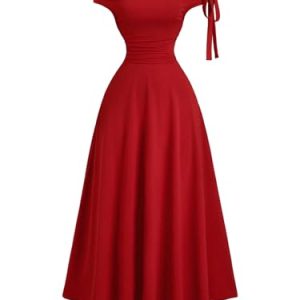 Women's Off Shoulder Short Sleeve Fit and Flare A Line Flowy Party Date Maxi Dress