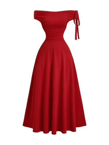 Women's Off Shoulder Short Sleeve Fit and Flare A Line Flowy Party Date Maxi Dress